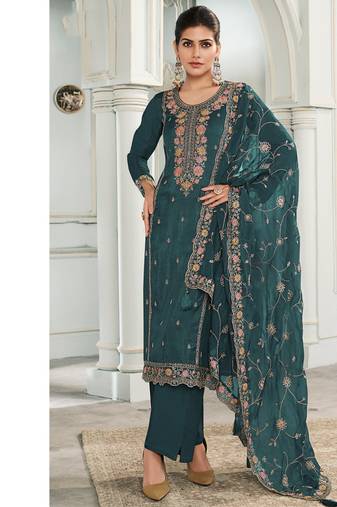 latest munda silk teal straight suit for women wear