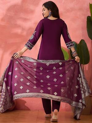 Women's purple colour kurta set pants stitched and woven dupatta set 3