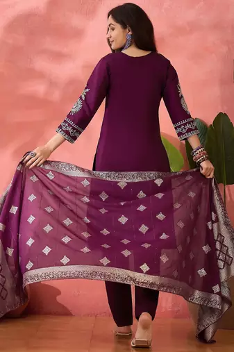 Women's purple colour kurta set pants stitched and woven dupatta set