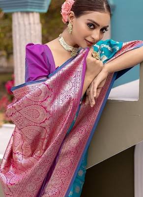 Aqua Blue Heavy Satin Banarasi silk blend Saree 2