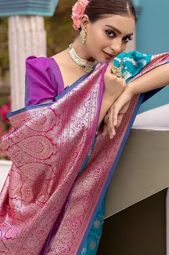 Aqua Blue Heavy Satin Banarasi silk blend Saree
