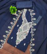 Women's blue unstitched heavy thread embroidery & daimond work georgette dress material