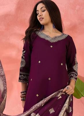 Women's purple colour kurta set pants stitched and woven dupatta set 4