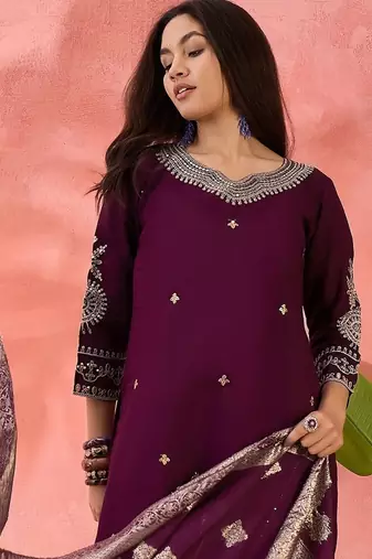 Women's purple colour kurta set pants stitched and woven dupatta set