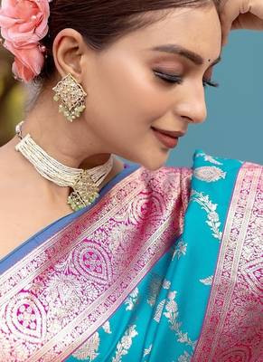 Aqua Blue Heavy Satin Banarasi silk blend Saree 3