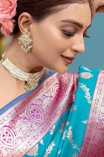 Aqua Blue Heavy Satin Banarasi silk blend Saree