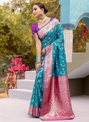 Aqua Blue Heavy Satin Banarasi silk blend Saree 1