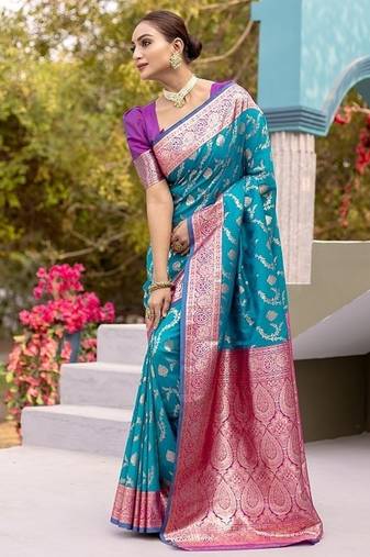 Aqua Blue Heavy Satin Banarasi silk blend Saree