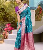 Aqua Blue Heavy Satin Banarasi silk blend Saree