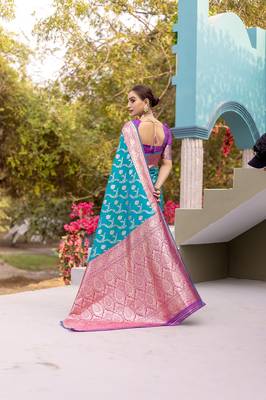 Aqua Blue Heavy Satin Banarasi silk blend Saree 4