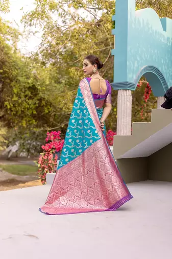 Aqua Blue Heavy Satin Banarasi silk blend Saree
