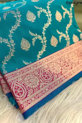 Aqua Blue Heavy Satin Banarasi silk blend Saree