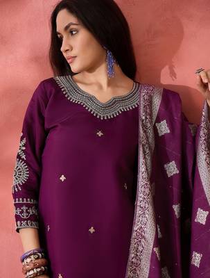 Women's purple colour kurta set pants stitched and woven dupatta set 5