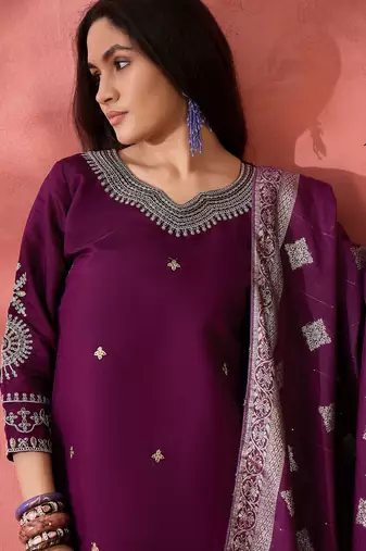 Women's purple colour kurta set pants stitched and woven dupatta set