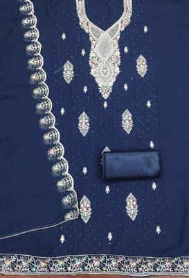 Women's blue heavy thread embroidery & daimond work georgette dress material 2
