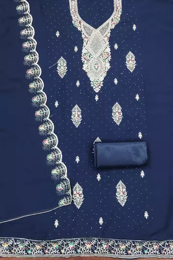 Women's blue heavy thread embroidery & daimond work georgette dress material