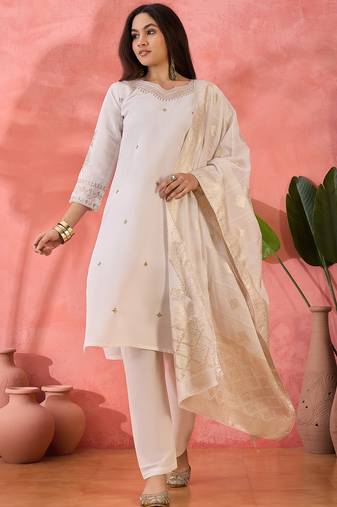 Women's white colour kurta set pants stitched and woven dupatta set 