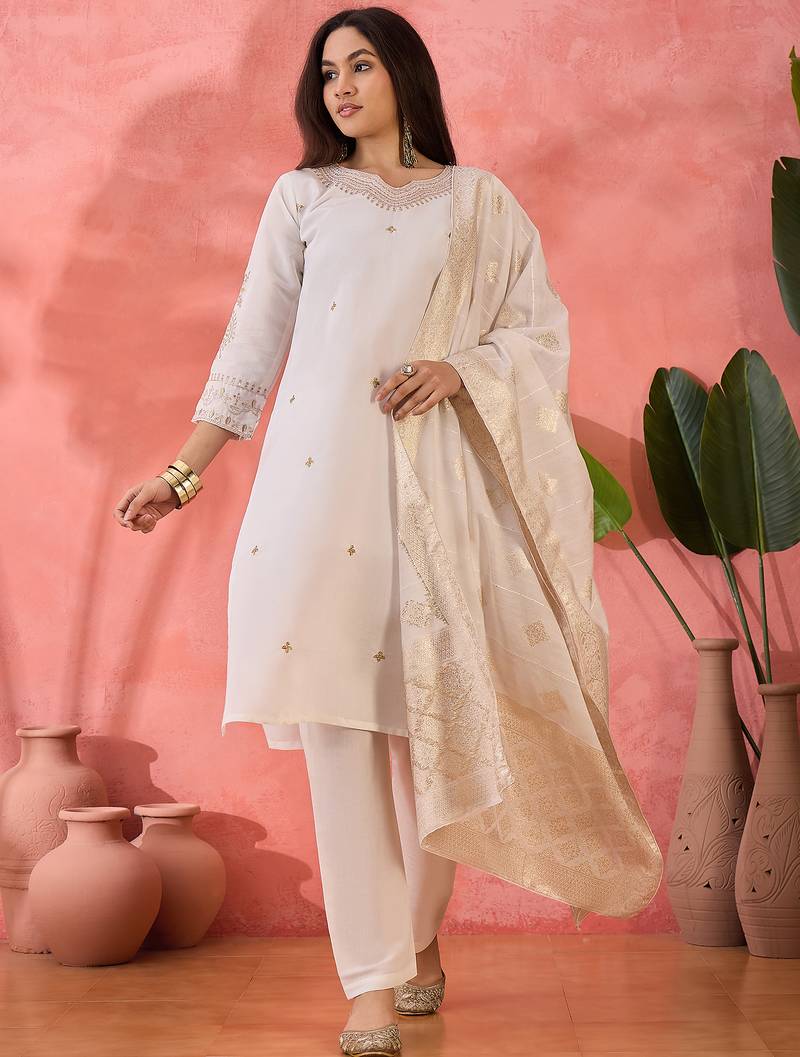 Women's white colour kurta set pants stitched and woven dupatta set 