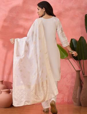 Women's white colour kurta set pants stitched and woven dupatta set 3