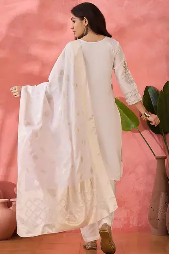 Women's white colour kurta set pants stitched and woven dupatta set