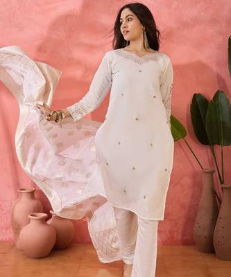 Women's white colour kurta set pants stitched and woven dupatta set 4