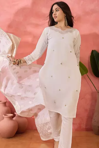 Women's white colour kurta set pants stitched and woven dupatta set