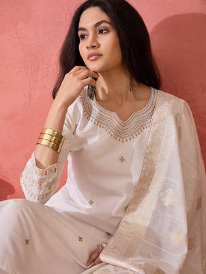 Women's white colour kurta set pants stitched and woven dupatta set 5