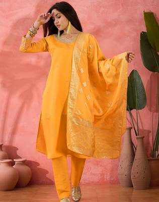 Women's yellow colour kurta set pants stitched and woven dupatta set 1