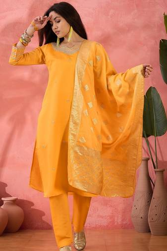 Women's yellow colour kurta set pants stitched and woven dupatta set 