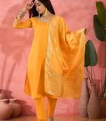 Women's yellow colour kurta set pants stitched and woven dupatta set 