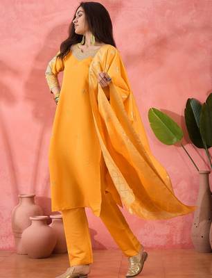 Women's yellow colour kurta set pants stitched and woven dupatta set 2