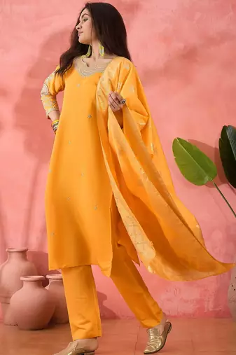 Women's yellow colour kurta set pants stitched and woven dupatta set