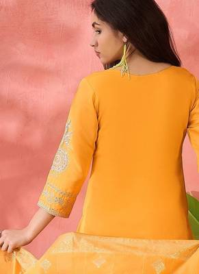 Women's yellow colour kurta set pants stitched and woven dupatta set 3