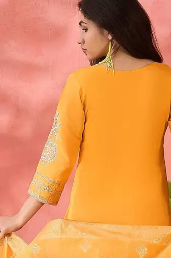 Women's yellow colour kurta set pants stitched and woven dupatta set