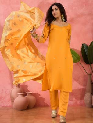 Women's yellow colour kurta set pants stitched and woven dupatta set 4