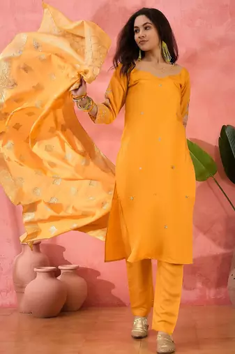 Women's yellow colour kurta set pants stitched and woven dupatta set