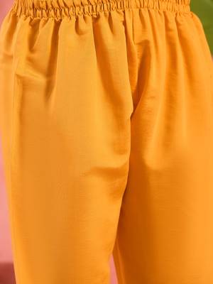 Women's yellow colour kurta set pants stitched and woven dupatta set 5
