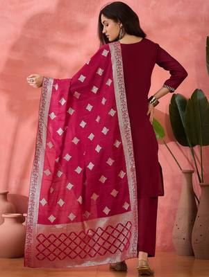 Women's magenta colour kurta set pants stitched and woven dupatta set 2