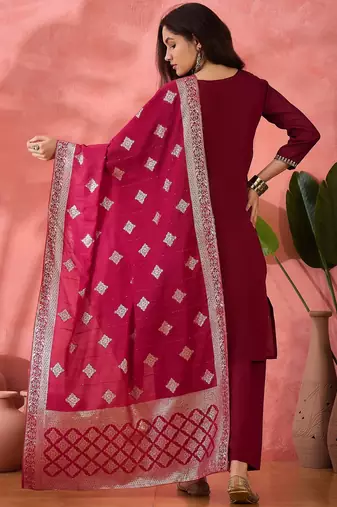 Women's magenta colour kurta set pants stitched and woven dupatta set