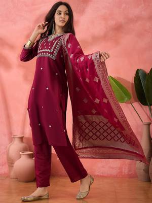 Women's magenta colour kurta set pants stitched and woven dupatta set 1