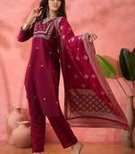 Women's magenta colour kurta set pants stitched and woven dupatta set 