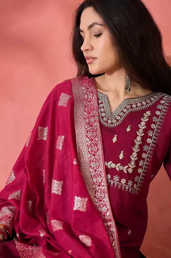 Women's magenta colour kurta set pants stitched and woven dupatta set