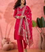 Women's maroon colour kurta set pants stitched and woven dupatta set 