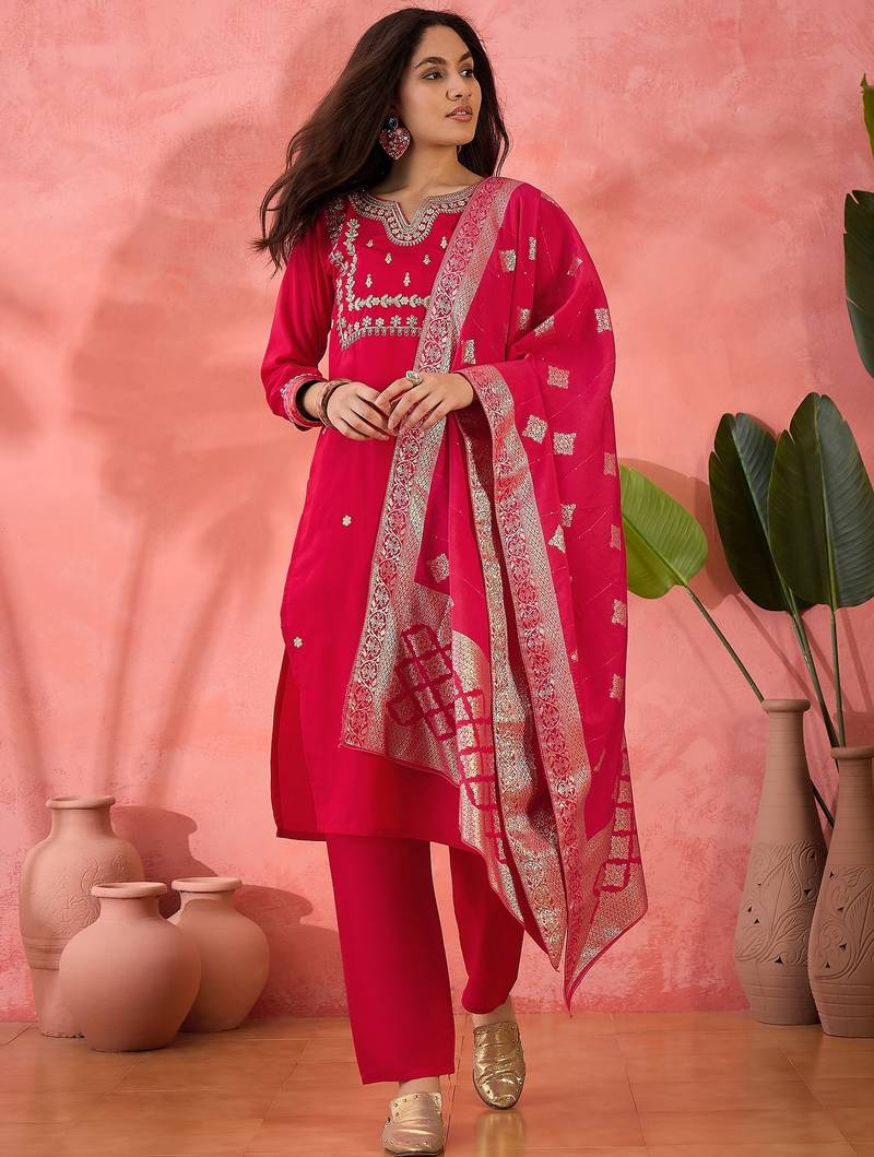 Women's maroon colour kurta set pants stitched and woven dupatta set 