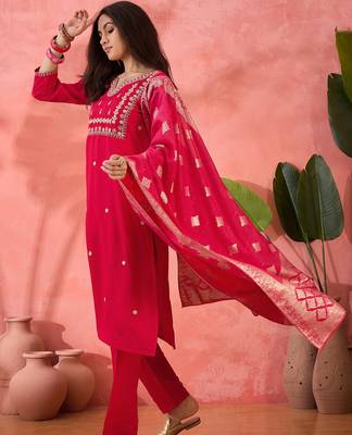 Women's maroon colour kurta set pants stitched and woven dupatta set 2