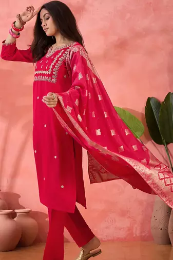 Women's maroon colour kurta set pants stitched and woven dupatta set