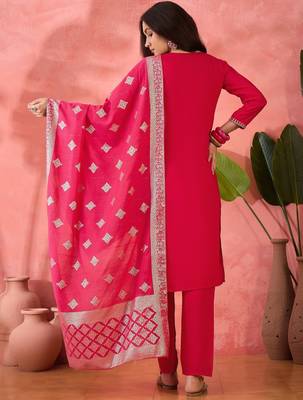 Women's maroon colour kurta set pants stitched and woven dupatta set 3