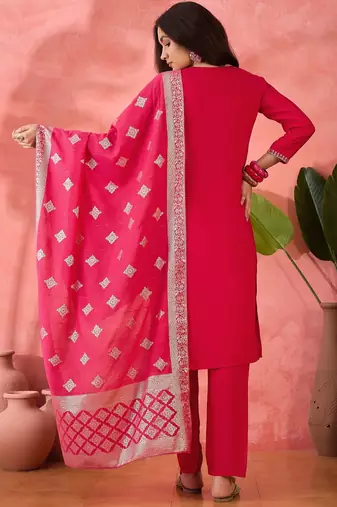 Women's maroon colour kurta set pants stitched and woven dupatta set
