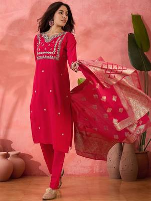 Women's maroon colour kurta set pants stitched and woven dupatta set 4