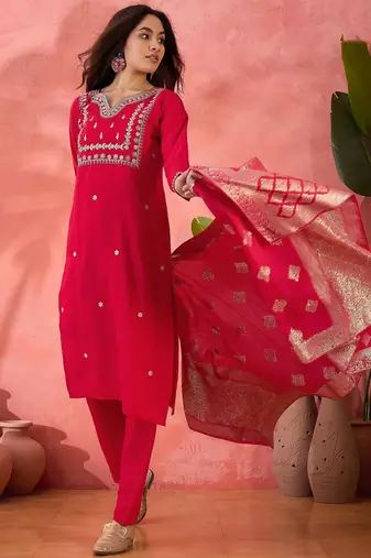 Women's maroon colour kurta set pants stitched and woven dupatta set